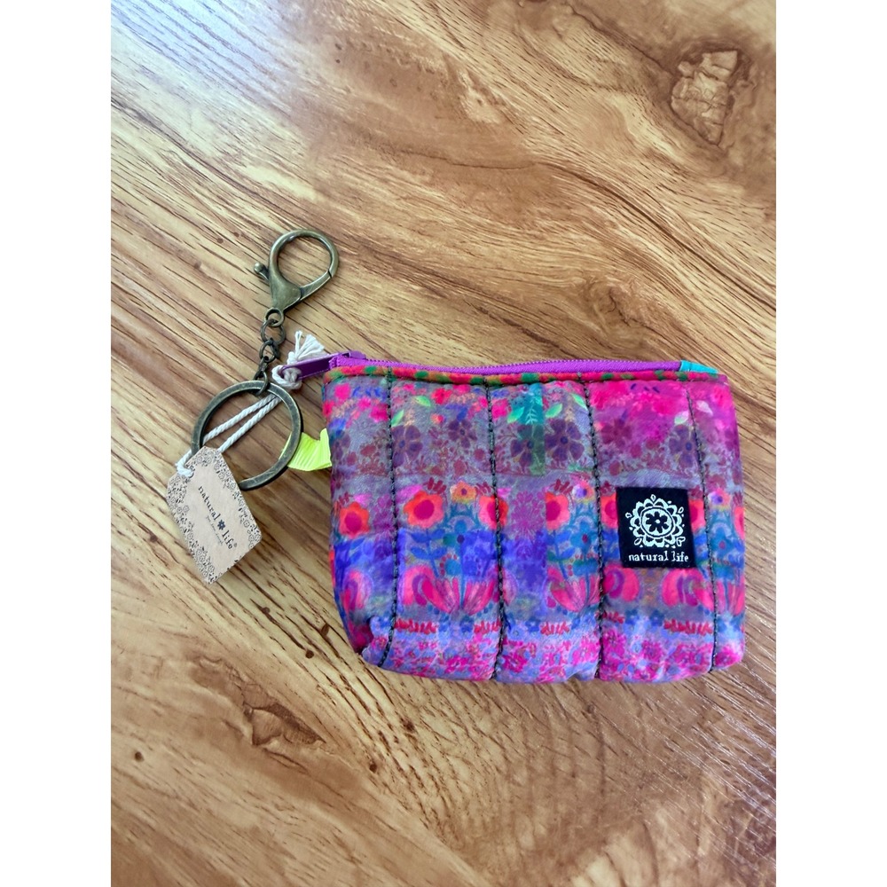 NWT Natural Life Quilted Floral Coin Purse Keychain Pouch BAG000146 Multicolor